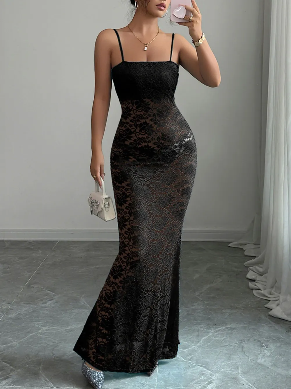 Lace Square Neck Maxi Cami Dress, image 2