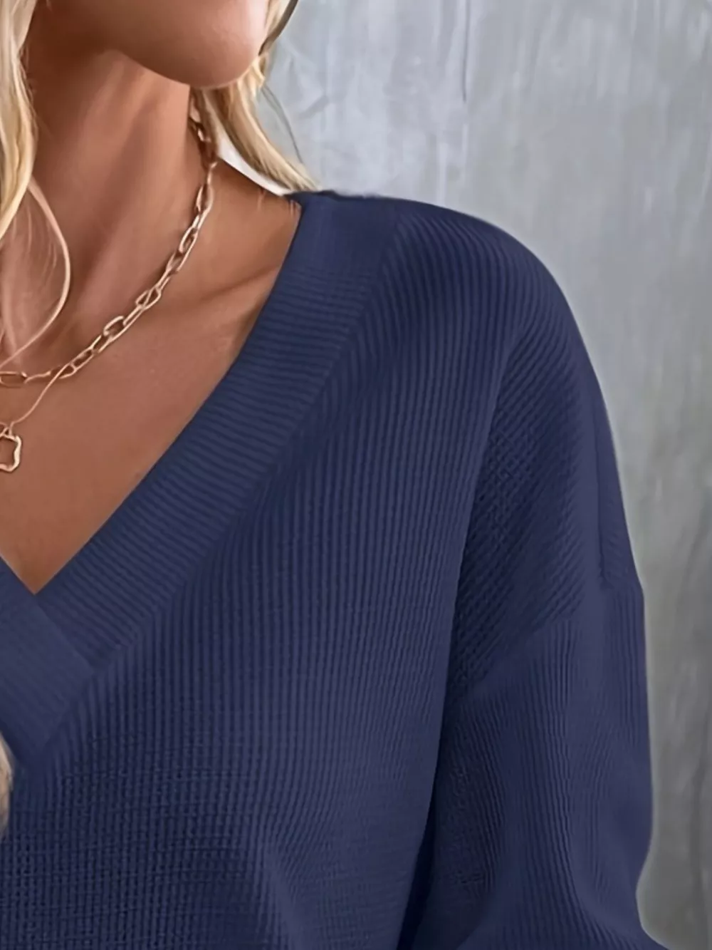 Plus Size V-Neck Long Sleeve Waffle Knit T-Shirt, image 4