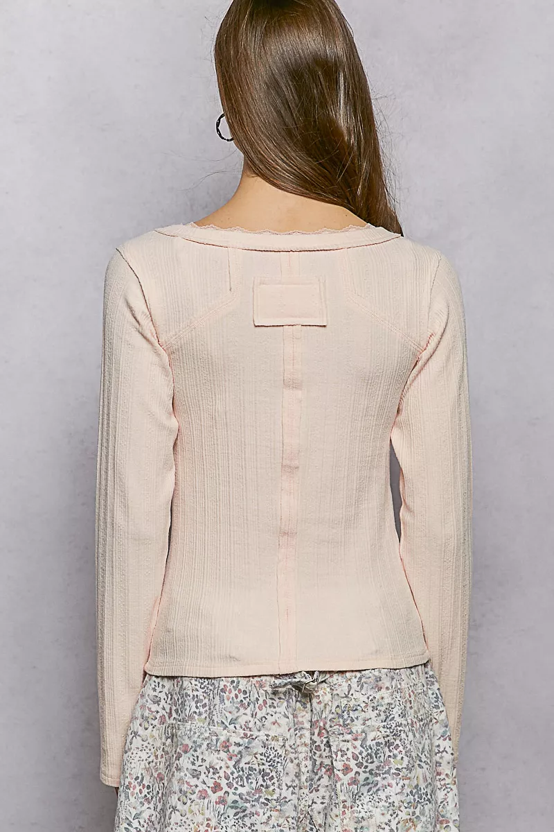 V-Neck Long Sleeve Ribbed Top with Lace-Accent Neckband, image 4