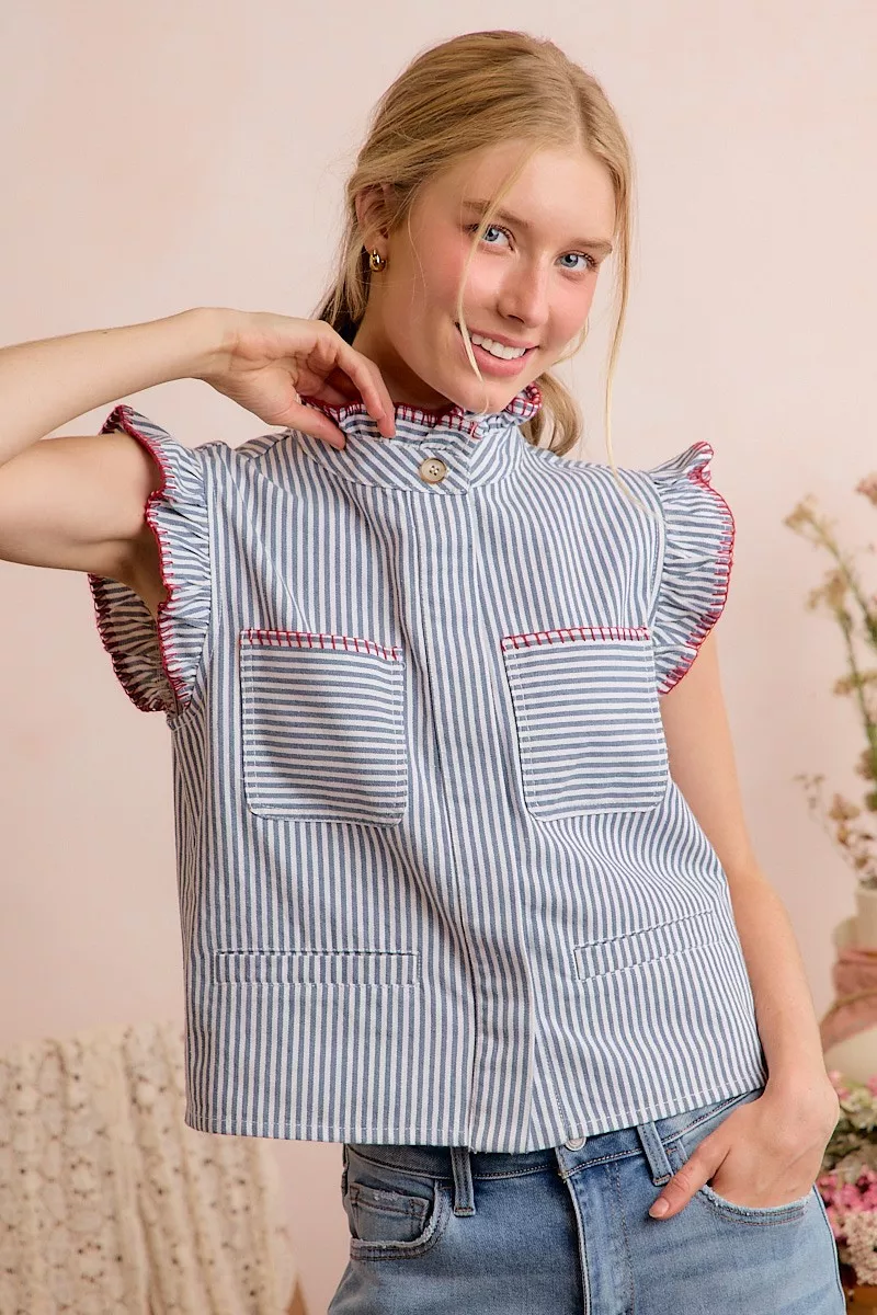 Stripe Twill Stitch Ruffled Hidden Button Vest Top, image 13