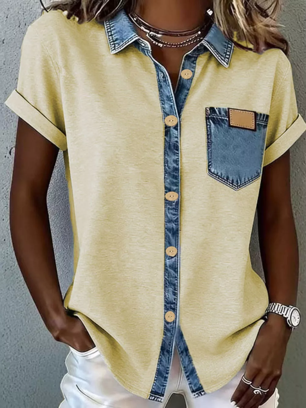 Denim Trim Short Sleeve Shirt, image 10