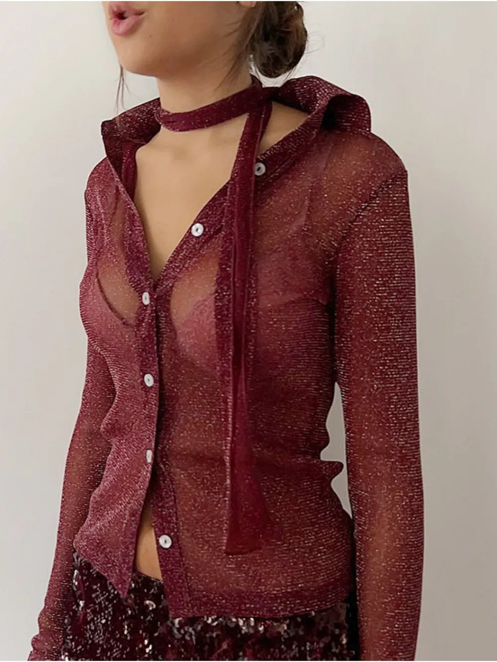 Button Down Long Sleeve Shirt with Scarf, image 5