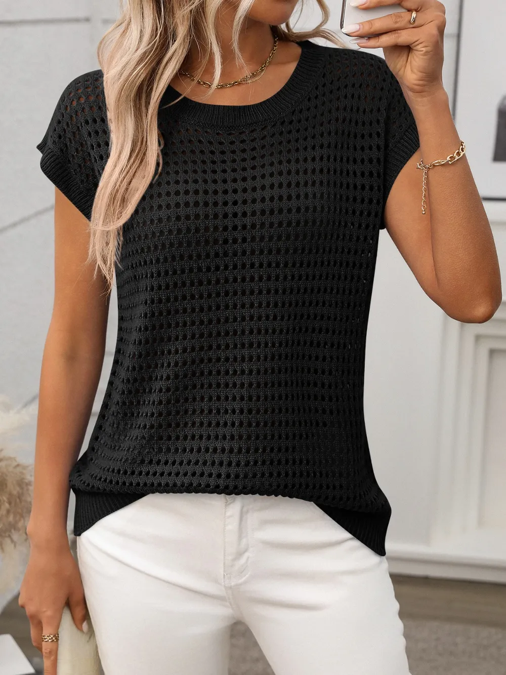 Openwork Round Neck Short Sleeve Knit Cover Up, image 16