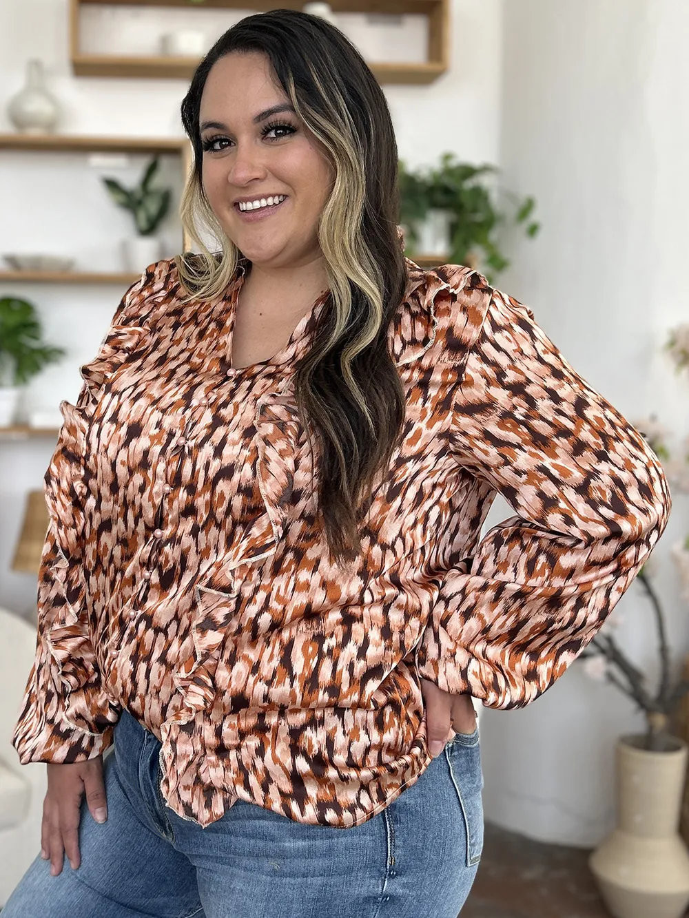 Full Size Printed Ruffle Trim Balloon Sleeve Shirt, image 14