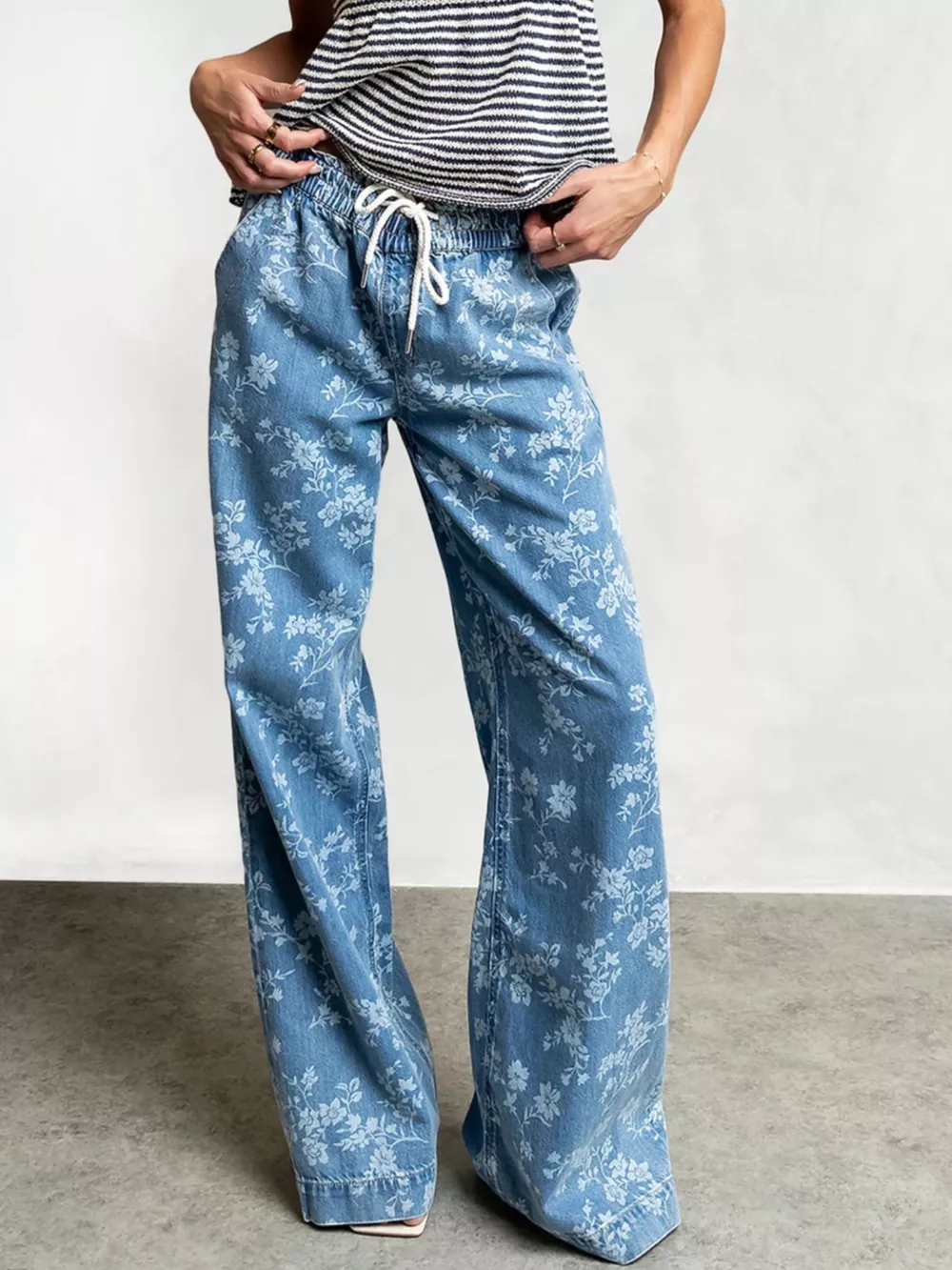 Drawstring Floral Wide-Leg Jeans, image 2