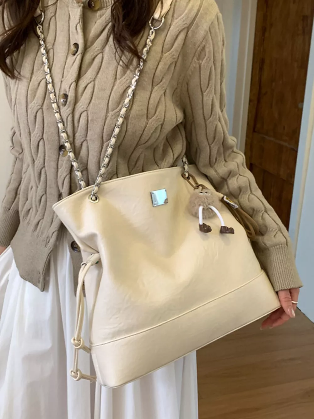 Chain Strap Faux Leather Tote Bag, image 9