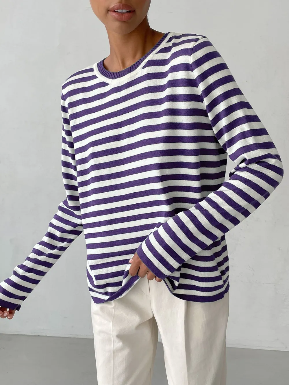 Striped Round Neck Long Sleeve Sweater, image 21