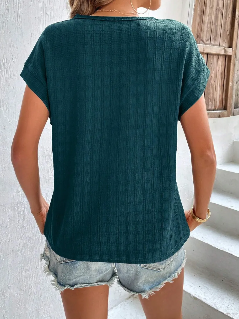 Textured Round Neck Short Sleeve Top, image 24