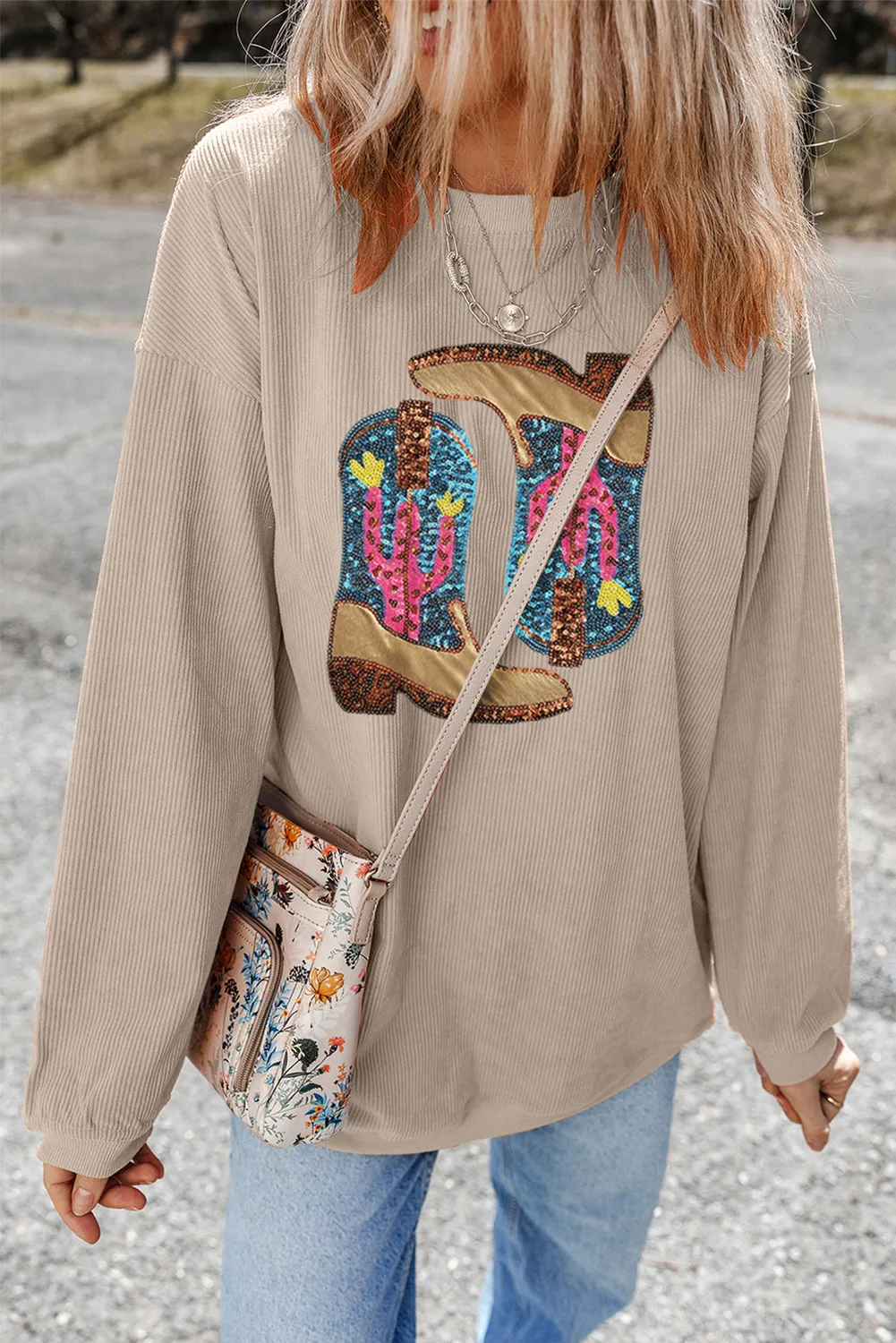 Full Size Sequin Boots Round Neck Long Sleeve Sweatshirt, image 3