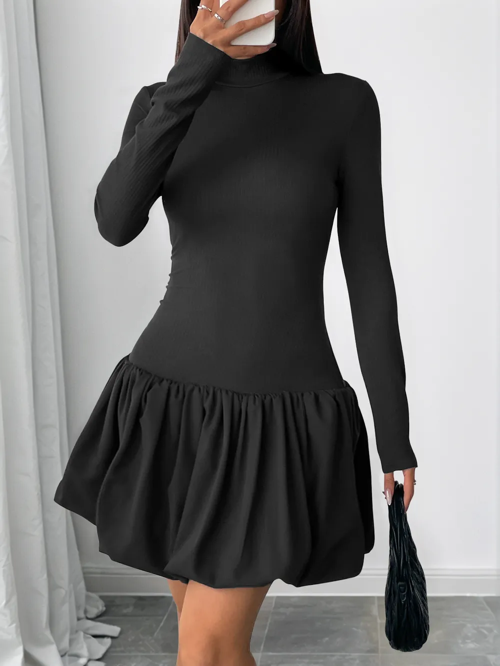 Mock Neck Long Sleeve Bubble Hem Dress, image 4