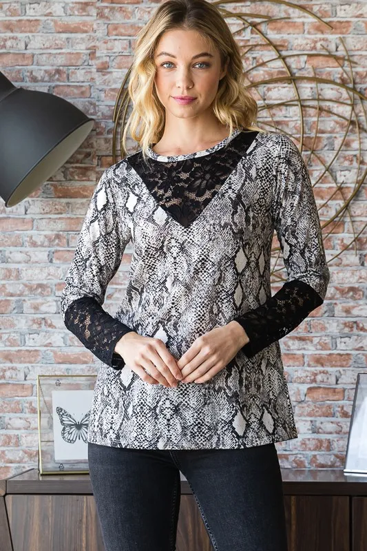 Full Size Snakeskin Print Round Neck Lace Contrast Top, image 5