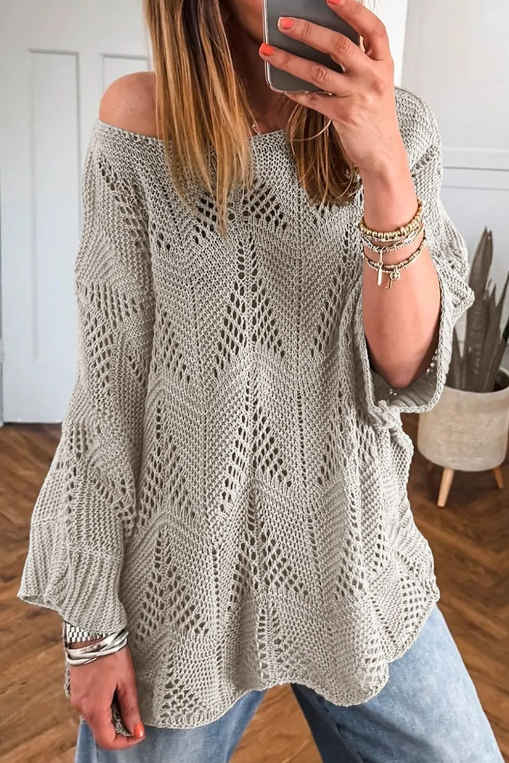 Openwork Round Neck Knit Top, image 5