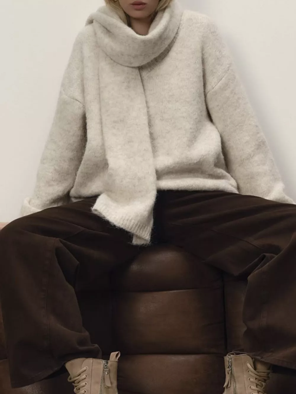 Oversized V-Neck Dropped Shoulder Sweater with Scarf, image 6