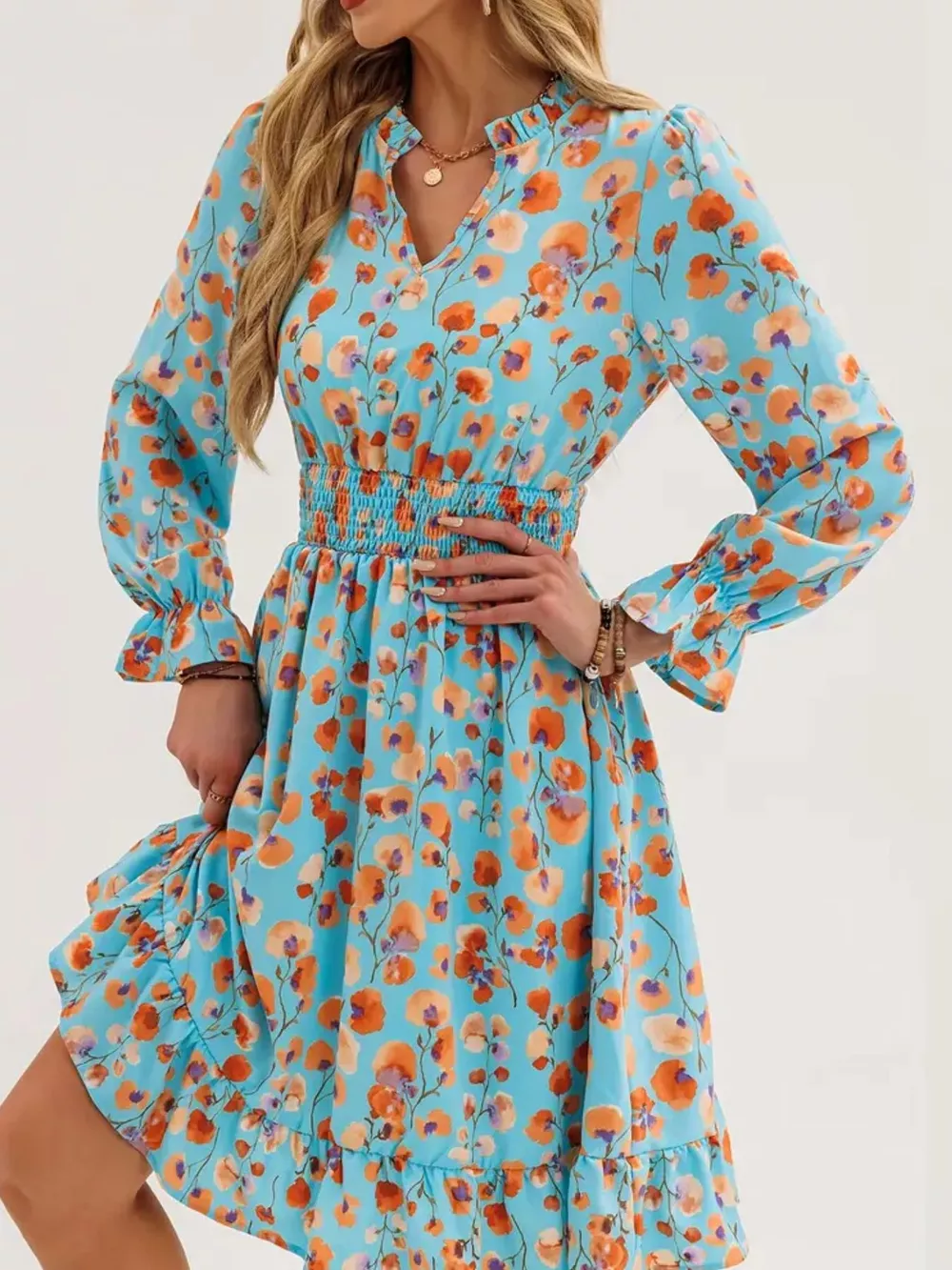 Floral Notched Flounce Sleeve Dress, image 13