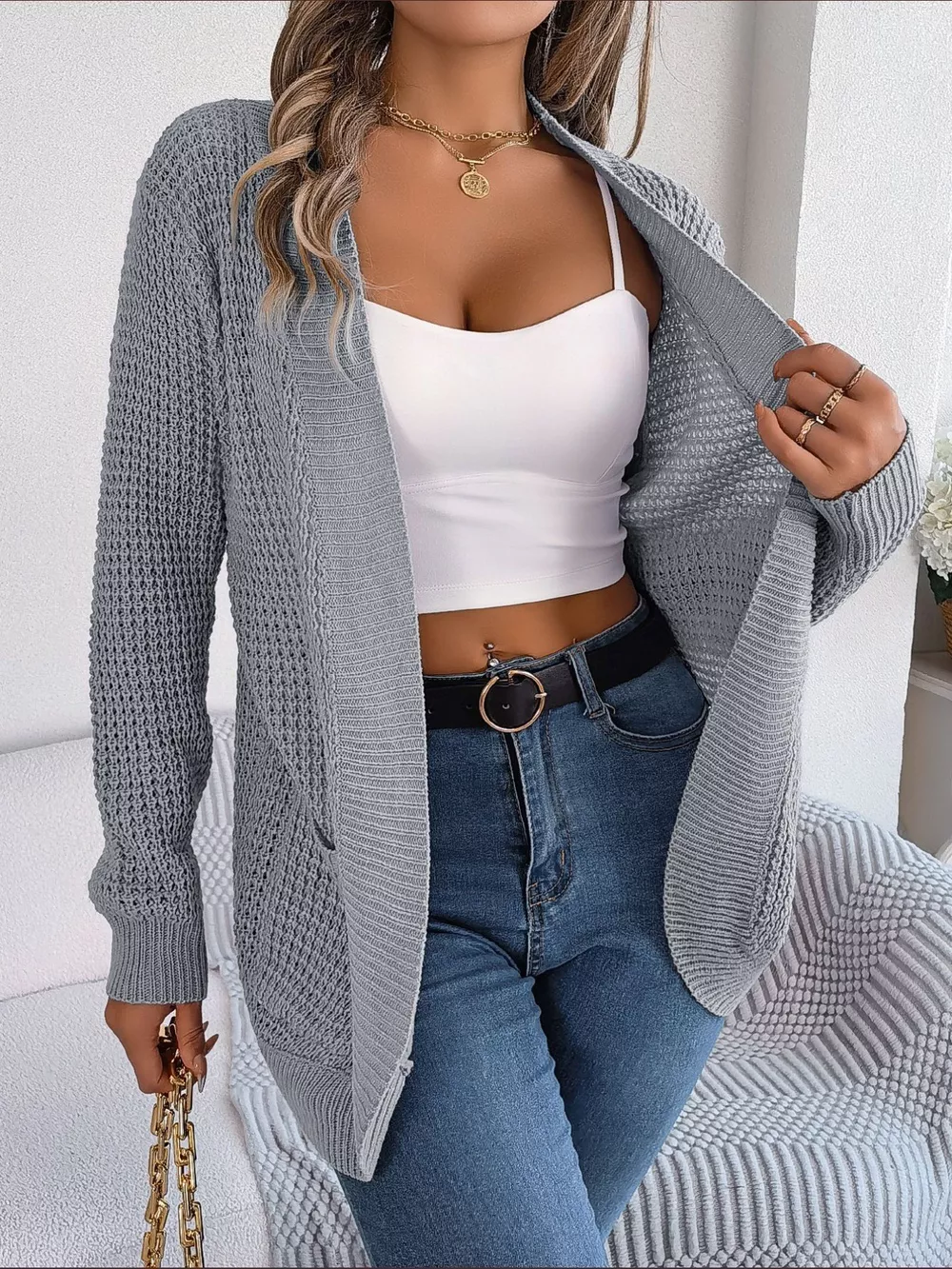 Chunky Knit Open Front Cardigan with Pockets, image 18