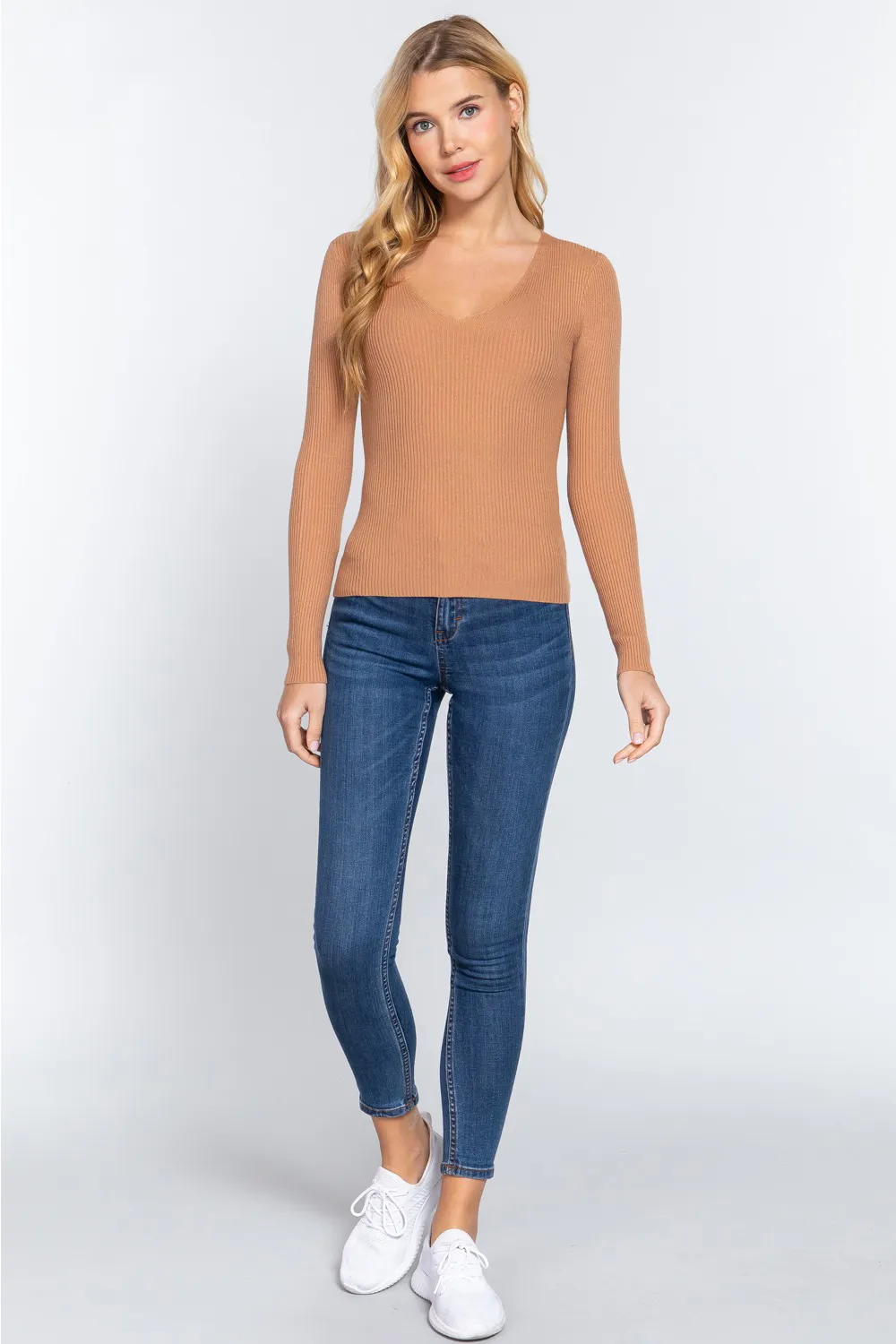 V-Neck Fitted Viscose Rib Knit Top, image 4