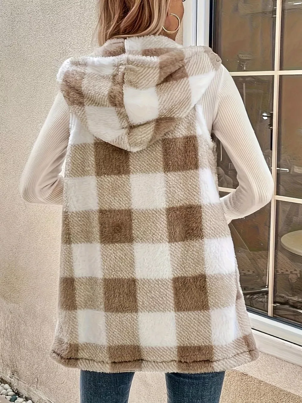 Hooded Plaid Sherpa Vest Coat, image 3