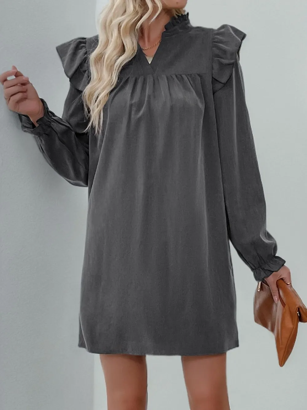 Ruffled Notched Long Sleeve Mini Dress, image 4