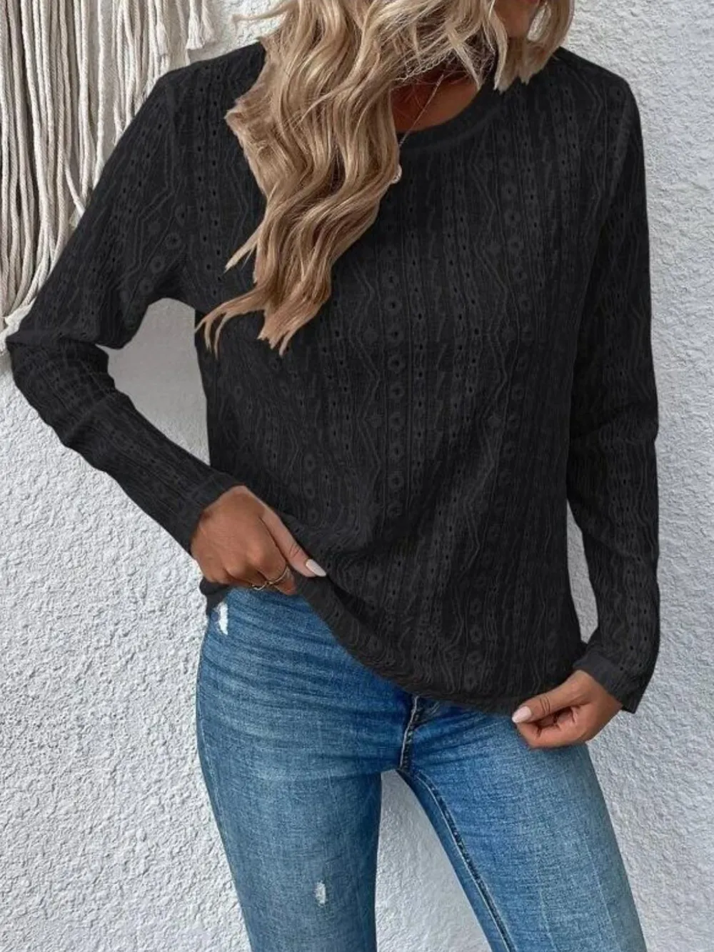 Eyelet Round Neck Long Sleeve Blouse, image 6