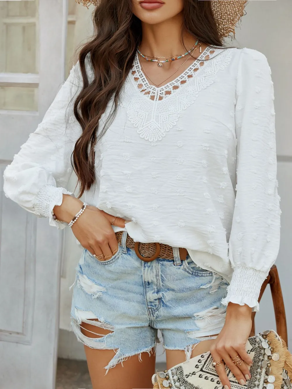 Swiss Dot Lace Detail V-Neck Long Sleeve Blouse, image 13