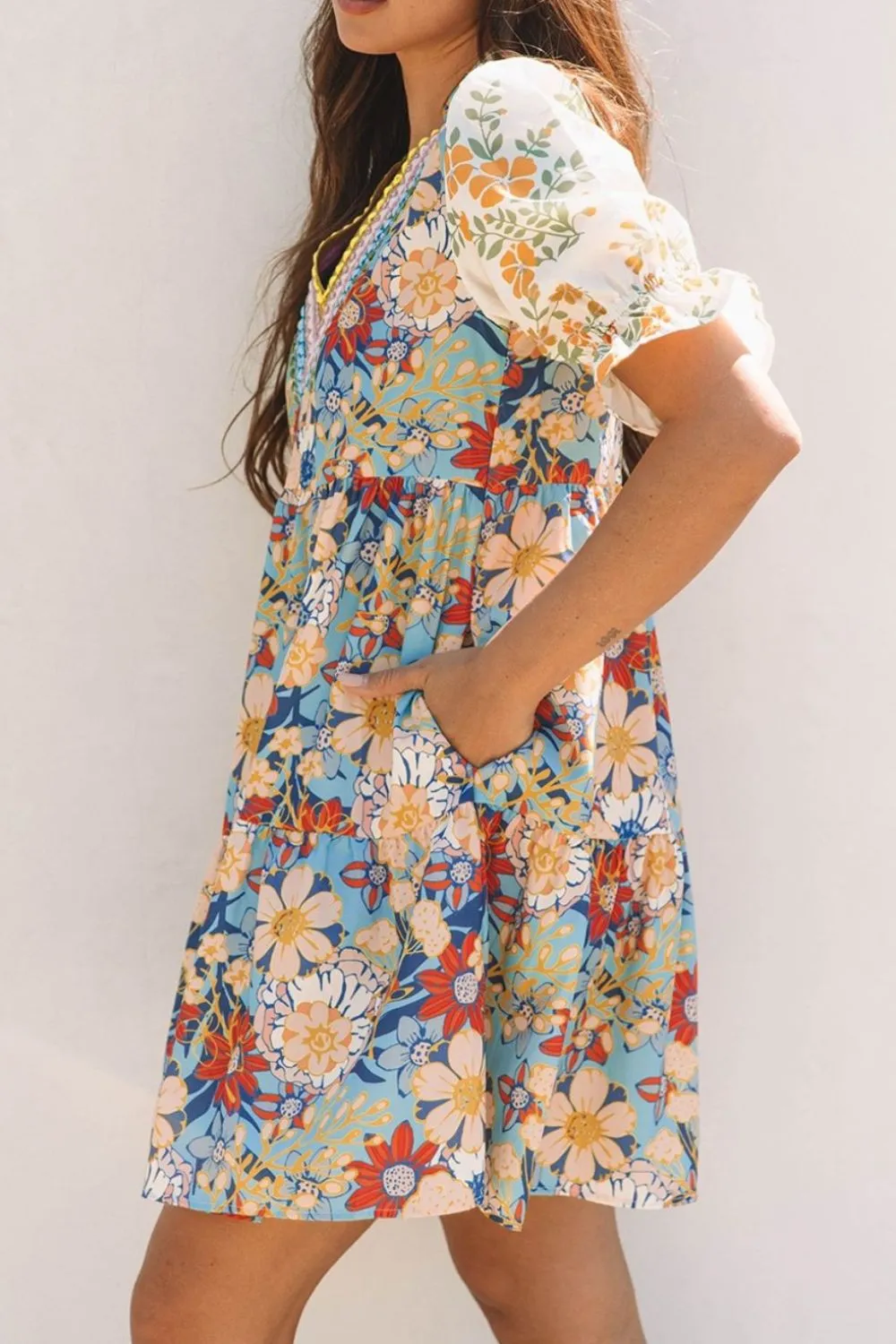 Printed Notched Flounce Sleeve Mini Dress, image 7