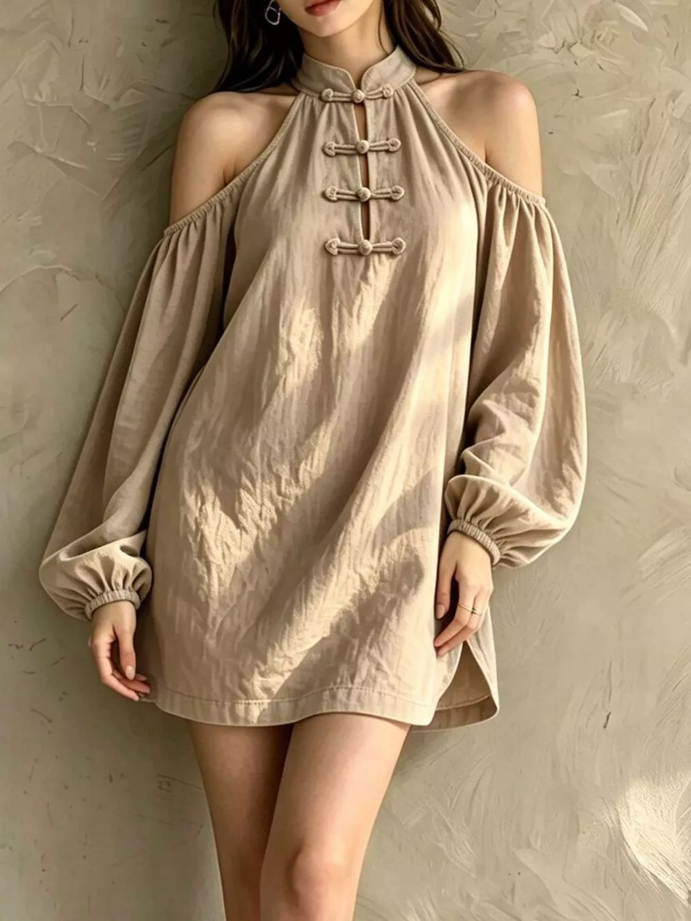 Cold-Shoulder Balloon Sleeve Mini Dress, image 6