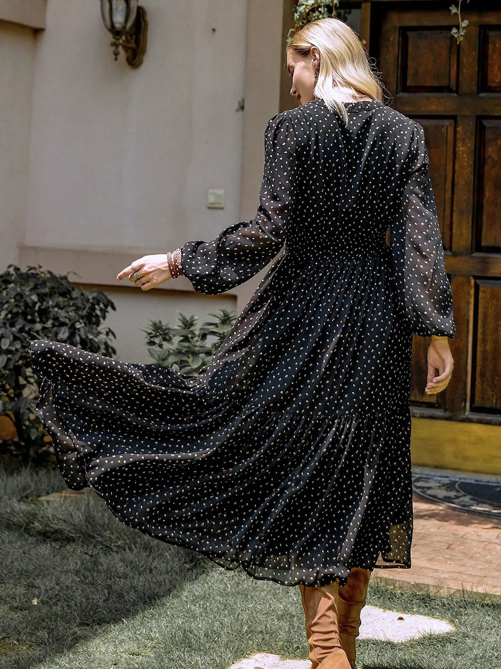 Embroidered Polka Dot Tie Neck Long Sleeve Midi Dress, image 7