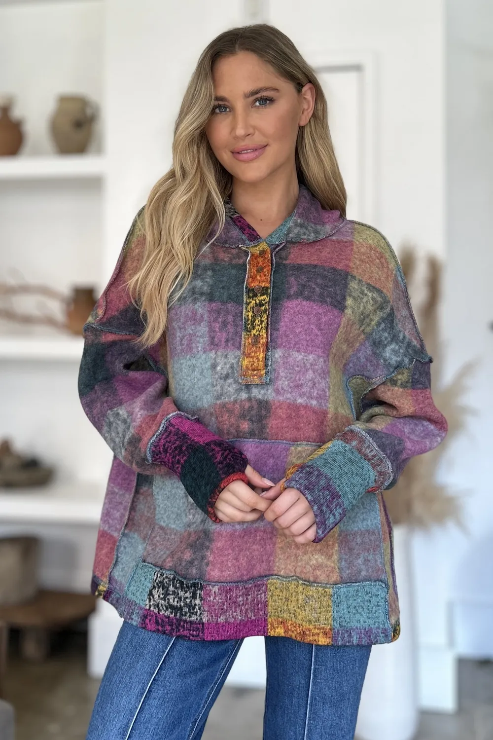 Full Size Plaid Dropped Shoulder Fleece Hoodie, image 14