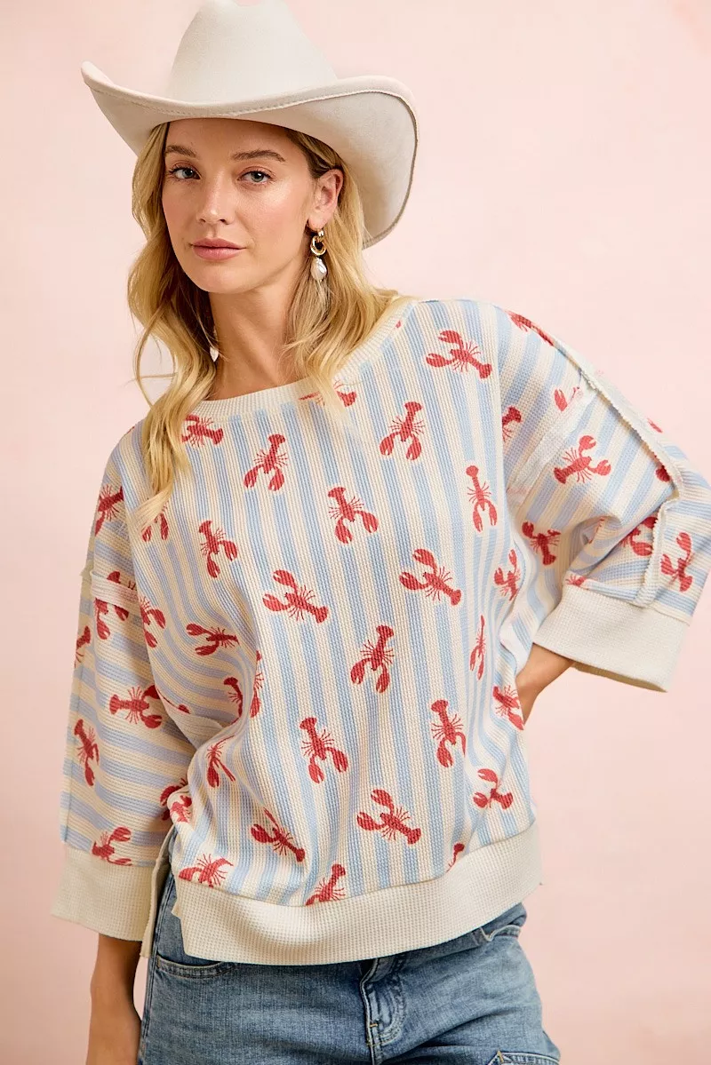 4th Of July Lobsters Stripe Waffle Knit Sleeve Top, image 2