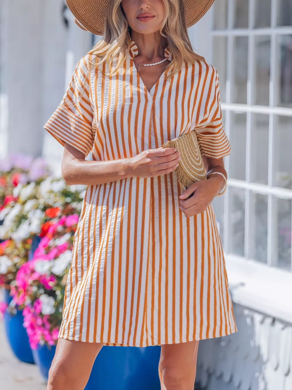 Stripe Pinched V Neck Turn-up Cuffs Shift Mini Dress, image 3