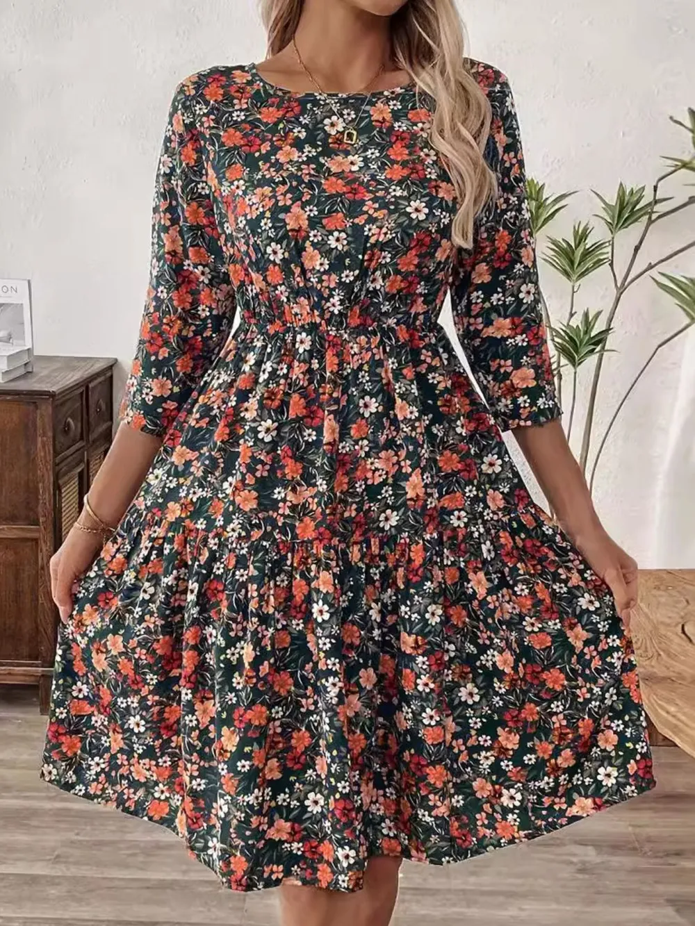 Frill Floral Round Neck Dress, image 4