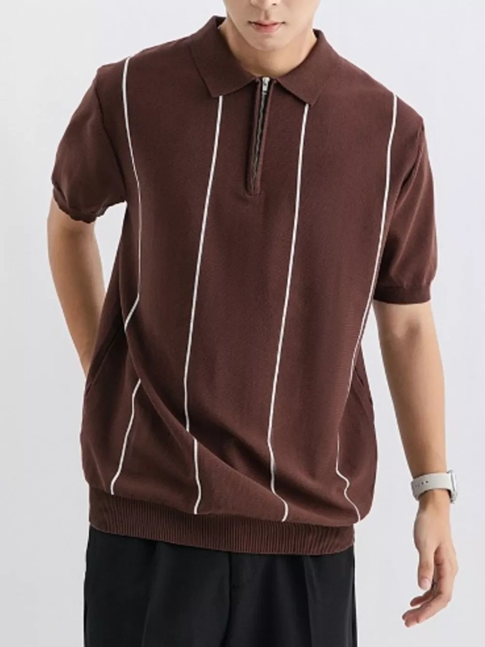 Men's Plus Size Striped Zip-Up Knit Polo, image 4