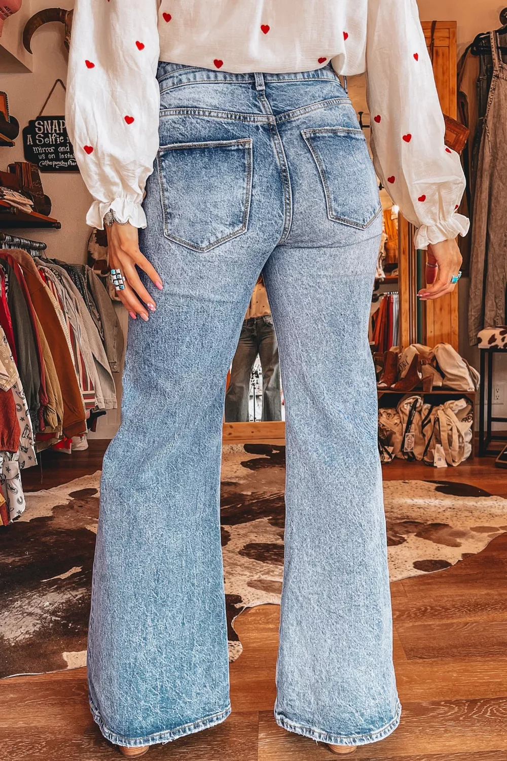 Acid Wash Pocket Detail Flare Jeans, image 2