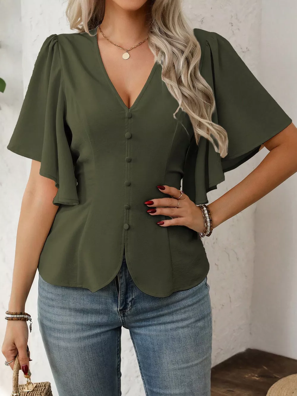V-Neck Flutter Sleeve Blouse, image 4