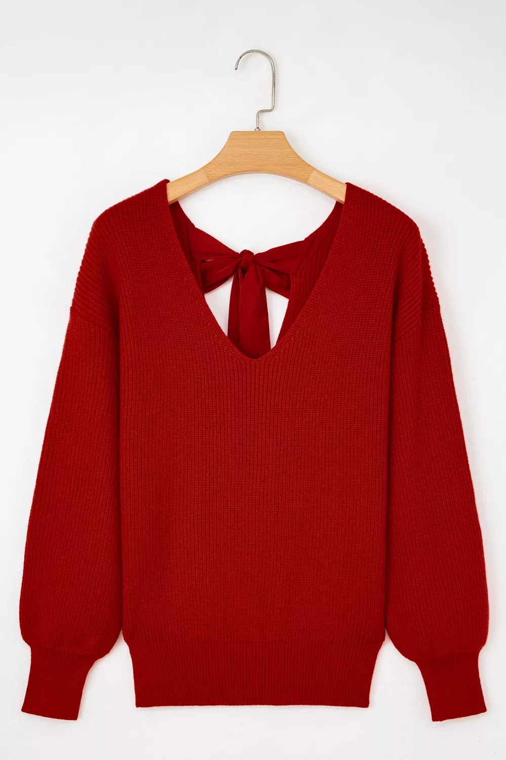 Lantern Sleeve V Neck Knot Back Sweater, image 7