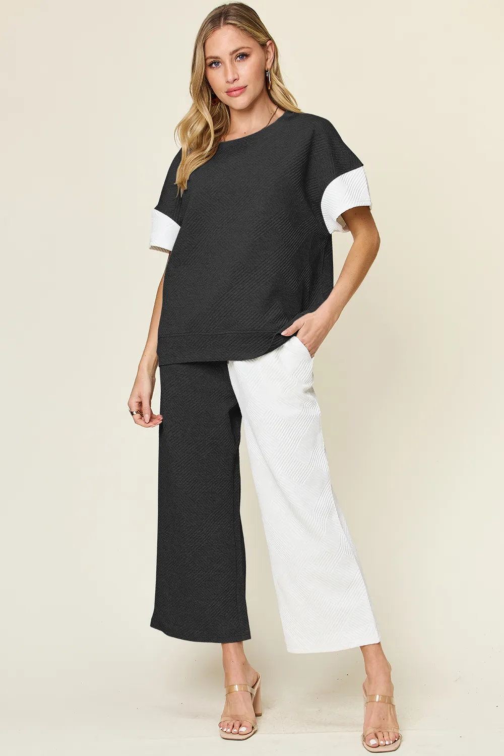 Full Size Texture Contrast T-Shirt and Wide Leg Pants Set, image 12