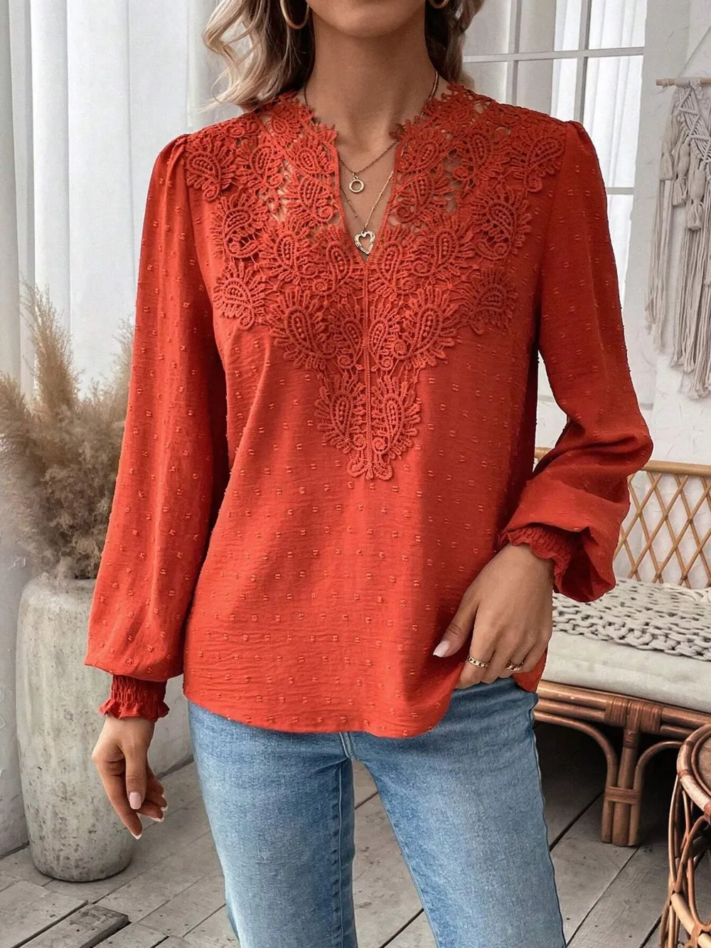 Swiss Dot Lace Detail Notched Long Sleeve Blouse, image 20