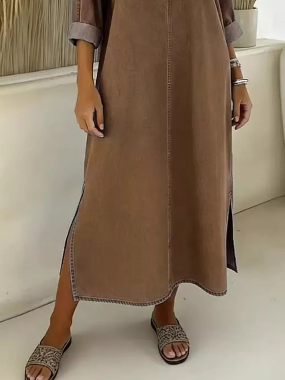 Side Slit V-Neck Midi Dress, image 8