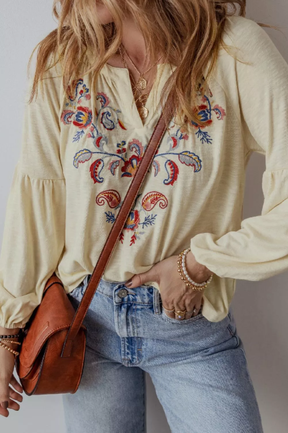 Embroidered Notched Long Sleeve Blouse, image 3