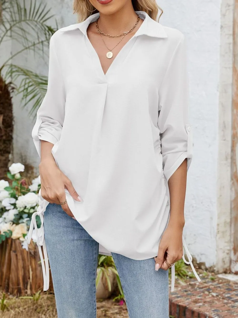 Drawstring Johnny Collared Three-Quarter Sleeve Top, image 23