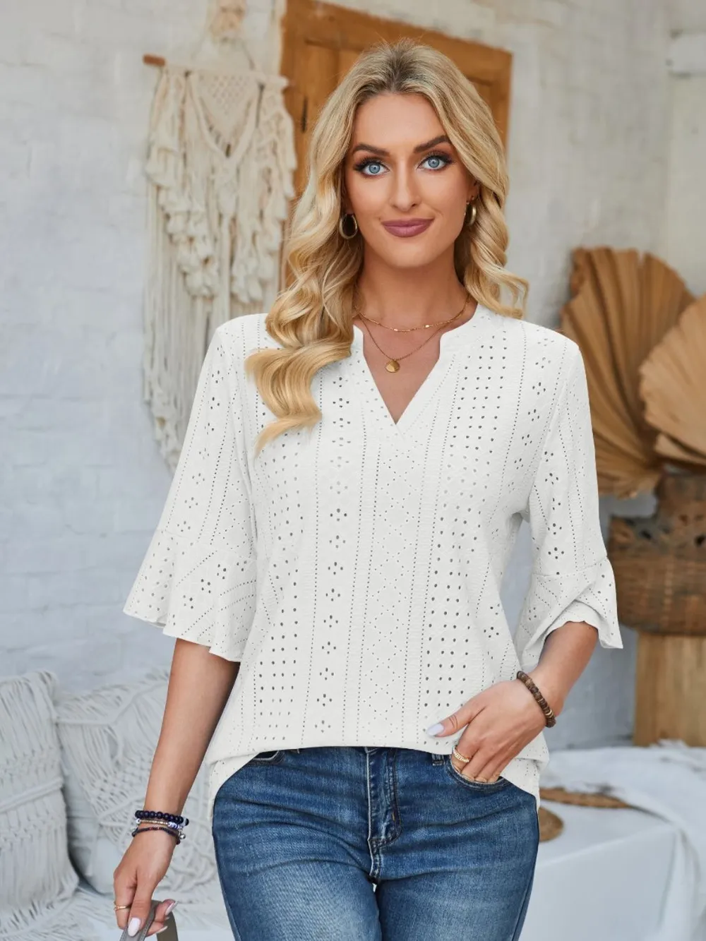 Eyelet Notched Half Sleeve T-Shirt, image 5