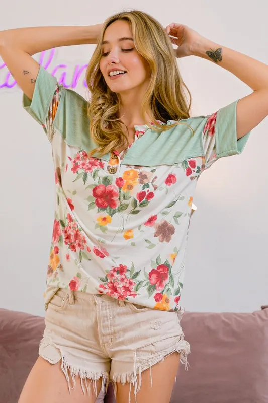 Floral Button Detail Round Neck Short Sleeve Terry T-Shirt, image 3