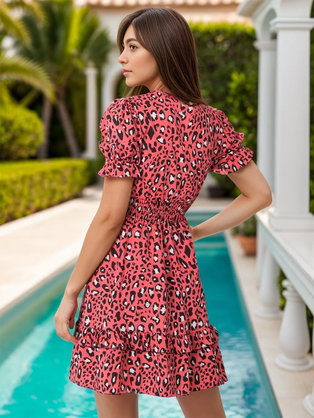 Leopard V-Neck Flounce Sleeve Mini Dress, image 8
