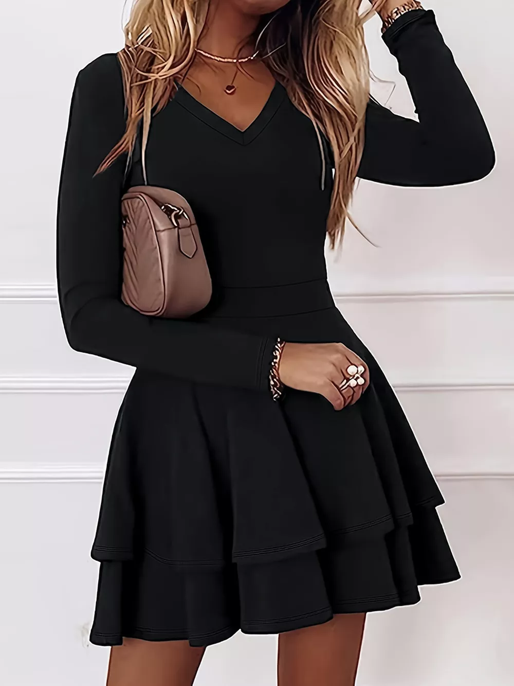 V-Neck Long Sleeve Layered Ruffle Mini Dress, image 3