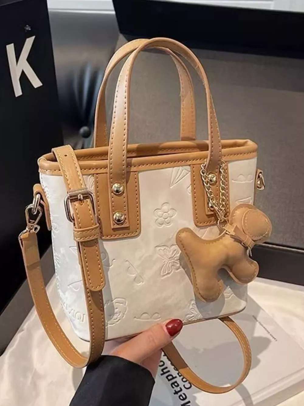 Embossed Pattern Crossbody Bag with Dog Charm, image 6