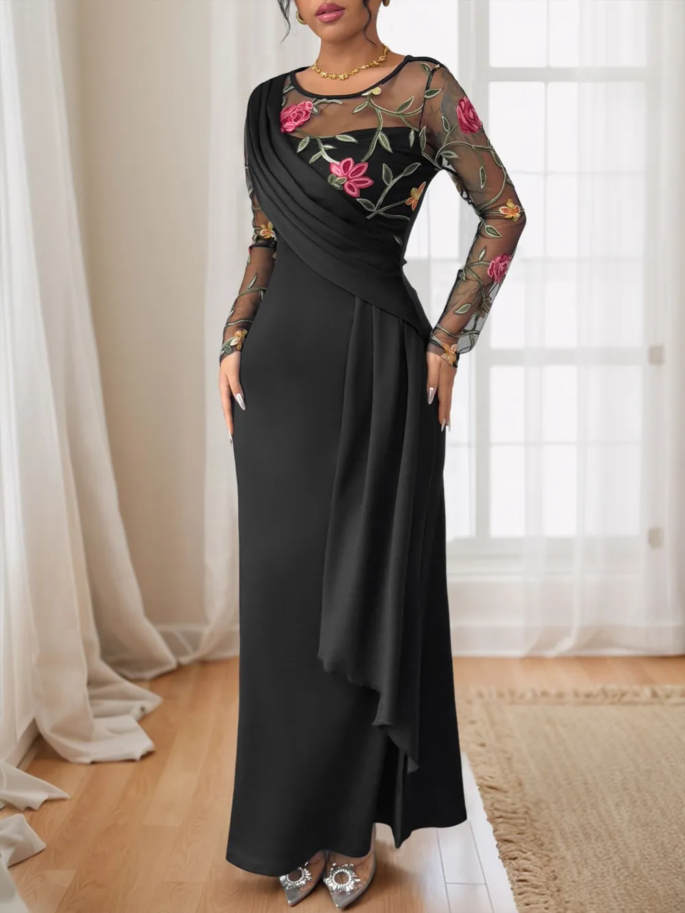 Floral Mesh Sleeve Ruched Maxi Dress, image 5