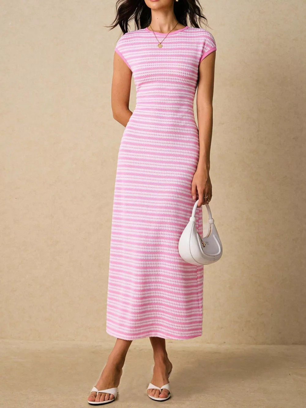 Striped Cap Sleeve Bodycon Midi Dress, image 19