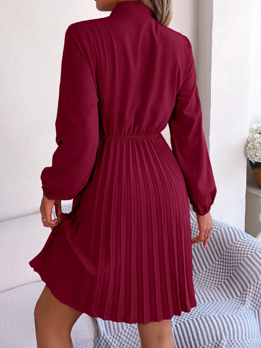 Tie Neck Balloon Sleeve Pleated Dress, image 5
