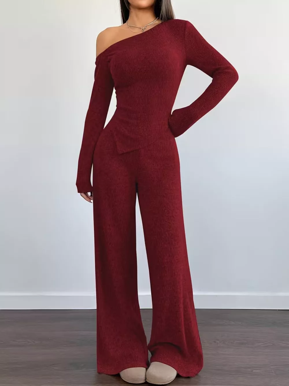 Chic One-Shoulder Asymmetrical Top and Wide-Leg Pants Set, image 10