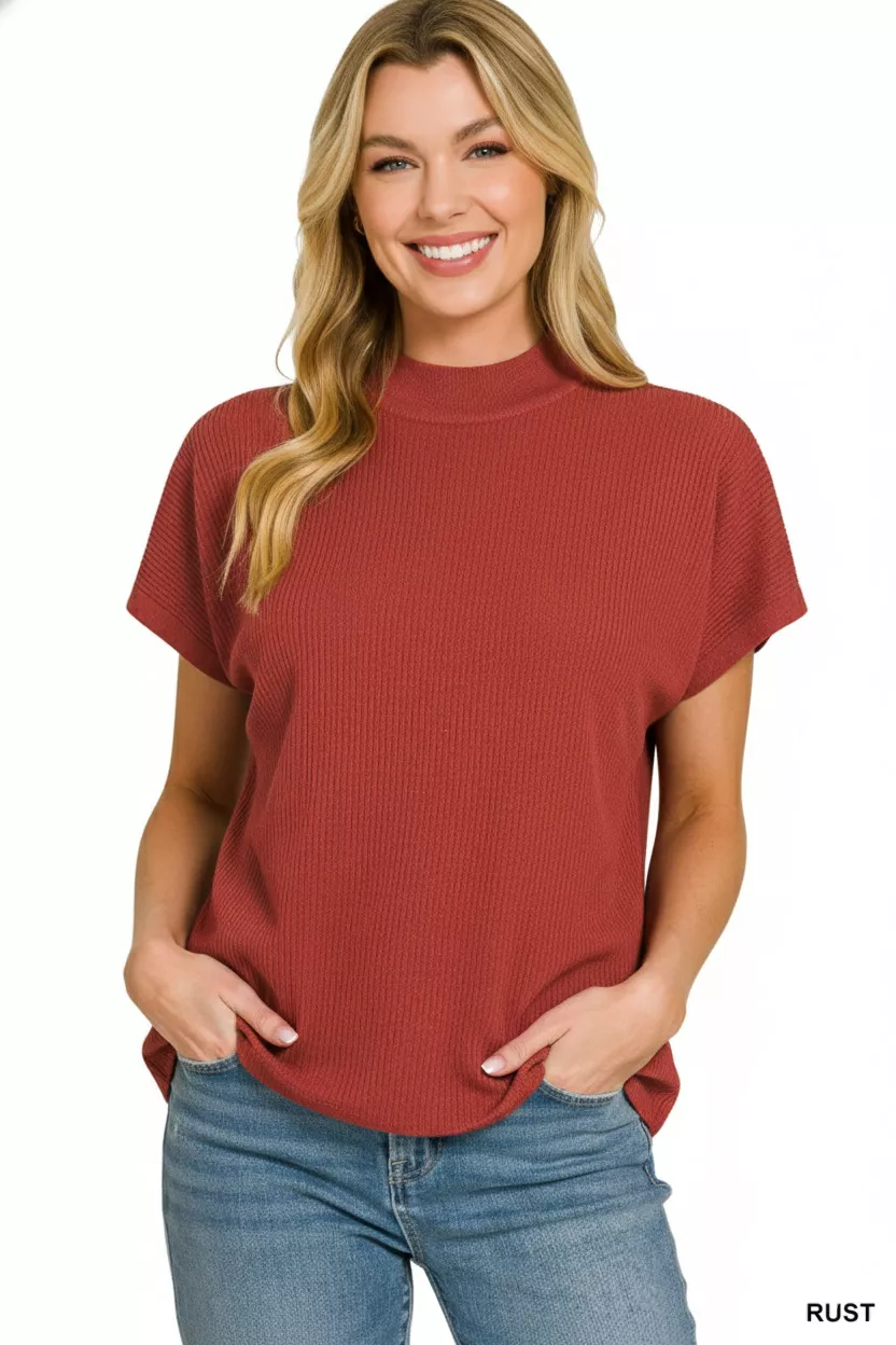 Viscose Mock Neck Short Sleeve Boxy Sweater, image 3
